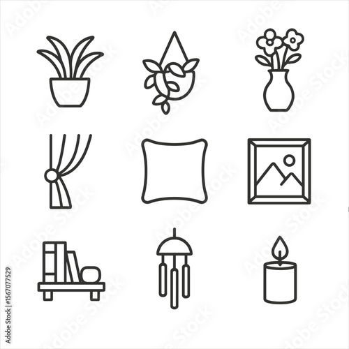 Window Nook Icon Set. Outline icon set of reading accessories and comfort items: reading glasses, bookmark, teacup on saucer,