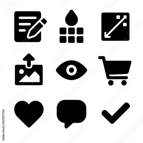 Customer Customization Icons. Solid, Filled icon set of customer customization: edit form, color picker, size chart, upload image,