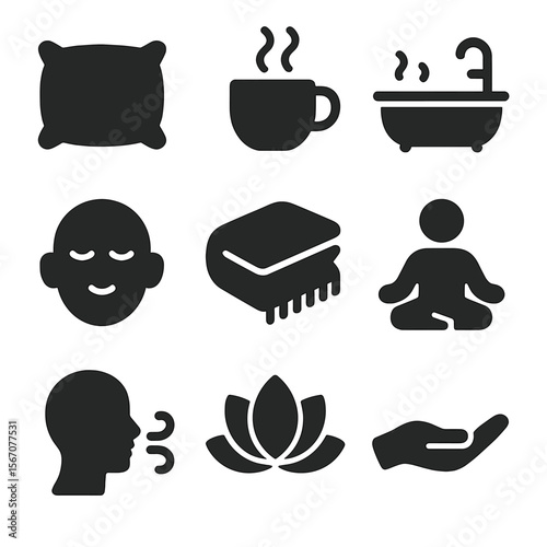 Self-Care Icons Grid. Solid, filled icons set of self-care and wellness: soft pillow, warm tea cup, calming