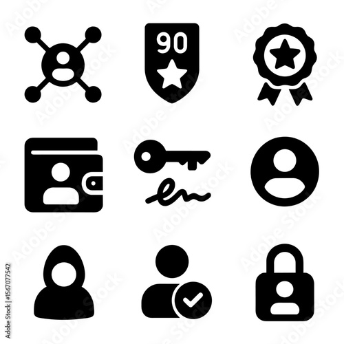 Identity Icons Grid. Solid, filled icon set of identity and reputation: decentralized ID, trust score, reputation badge, wallet