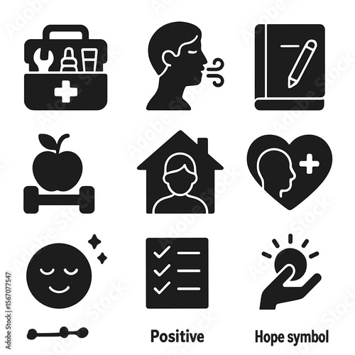 Coping Strategies Icons. Solid, filled icons set of coping strategies: coping toolkit, mindful breathing,