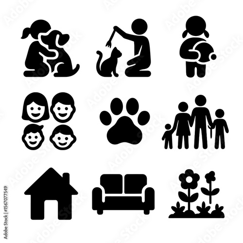 Family and Pets Icons. Solid, filled icon set of family members with pets: child hugging dog, parent playing with cat, sibling