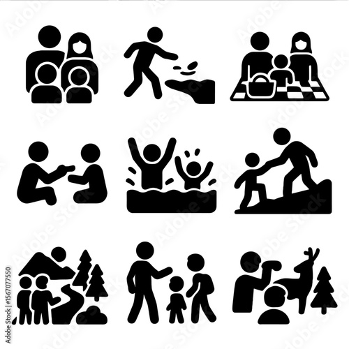Family Activity Icons. Solid, filled icon set of family outdoor activities: group photo, skipping stones, picnic blanket, shared