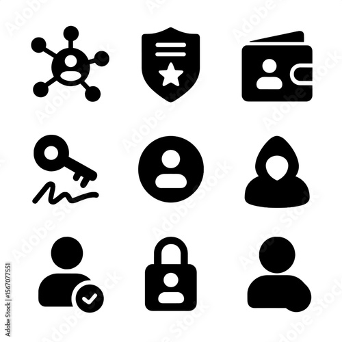 Identity Icons Grid. Solid, filled icon set of identity and reputation: decentralized ID, trust score, reputation badge, wallet