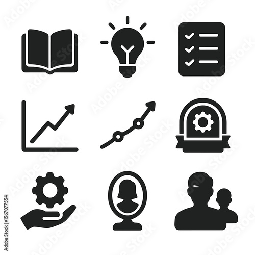 Self-Improvement Icons Grid. Solid, filled icons set of self-improvement after failure: open book, lightbulb