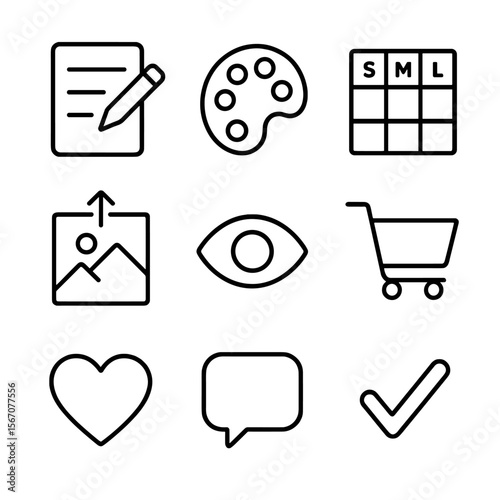 Customizable Icons Grid. Outline icon set of customer customization: edit form, color picker, size chart, upload image, preview