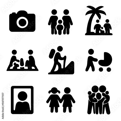 Family Activity Icons. Solid, filled icon set of family activities: camera, family, vacation, picnic, hiking, play, photo frame,