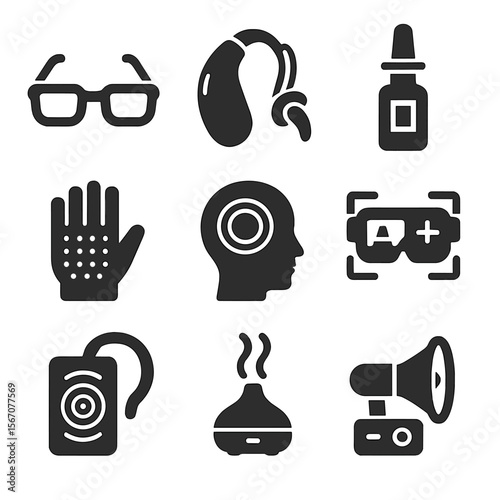 Sensory Enhancement Icons. Solid, filled icons set of sensory enhancement tools: glasses, hearing aid, nasal