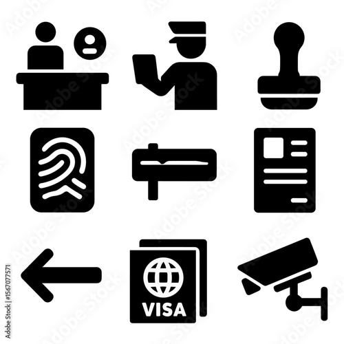 Customs & Immigration Icons. Solid, Filled icon set of customs & immigration: passport control booth, immigration officer,