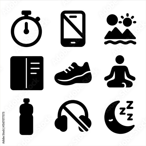 Digital Detox Icons. Solid, filled icon set of digital detox tools: timer, crossed-out phone, nature scene, journal, exercise shoe