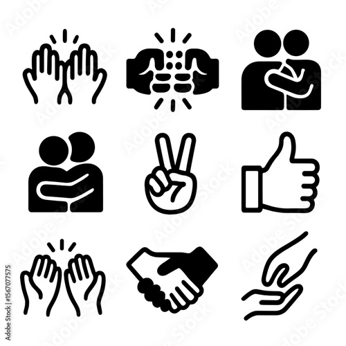 Supportive Gesture Icons. Solid, filled icon set of supportive gestures: high five, fist bump, hand on shoulder, hug, peace sign,