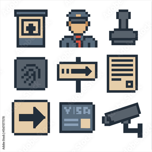 Customs Icon Set. Pixel art icon set of customs & immigration: passport control booth, immigration officer, passport stamp,