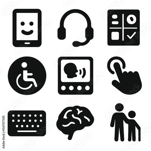 Digital Learning Icons. Solid, filled icon set of digital learning for special needs: tablet with smile, audio headset, visual