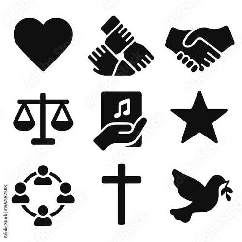 Icons of Core Values. Solid, filled icons set of values and intentions board: compassion heart, teamwork hands