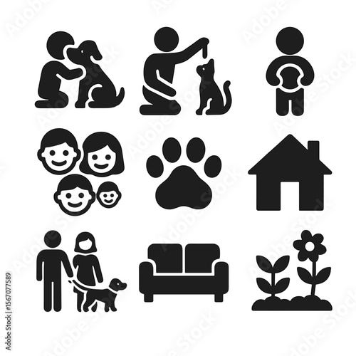 Family and Pets Icons. Solid, filled icon set of family members with pets: child hugging dog, parent playing with cat, sibling