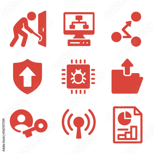 Cyber Ops Icon Set. Flat icon set of red team operations: covert entry, command-and-control server, lateral movement path,