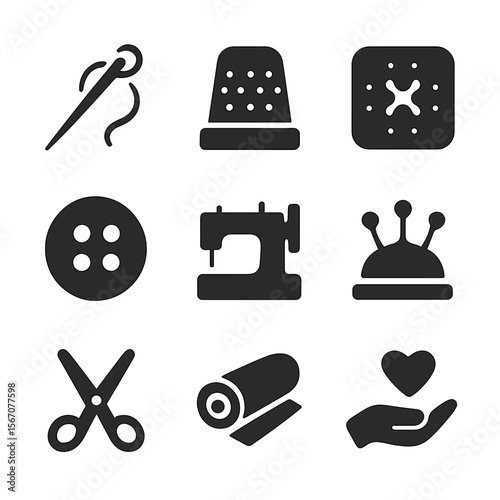 Sewing Tools Icons. Solid, filled icons set of sewing and mending: needle and thread, thimble, patchwork,
