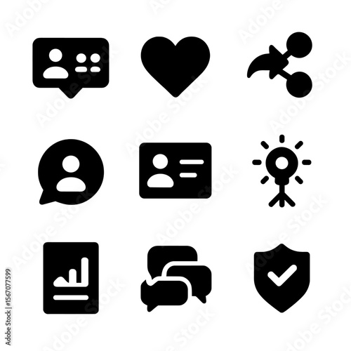 Digital Identity Icons. Solid, filled icon set of digital identity obsession: follower count, like heart, share icon, personal