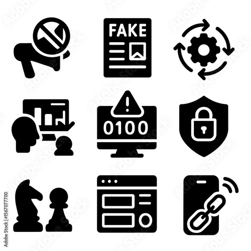 Digital Marketing Icons. Solid, filled icon set of digital marketing challenges ahead: ad blockers, fake news, algorithm changes,