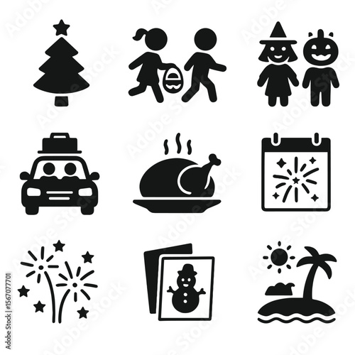 Family Holiday Icons. Solid, filled icon set of family holidays: Christmas tree, Easter egg hunt, Halloween costumes, family road