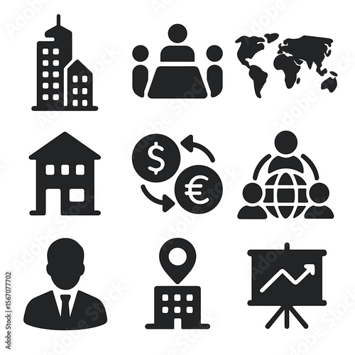 Corporate Icons Grid. Solid, filled icons set of multinational corporations: skyscraper, board meeting, world