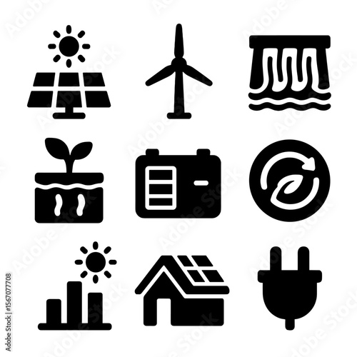 Sustainable Energy Icons. Solid, filled icon set of sustainable energy: solar panel, wind turbine, hydro power, geothermal icon,