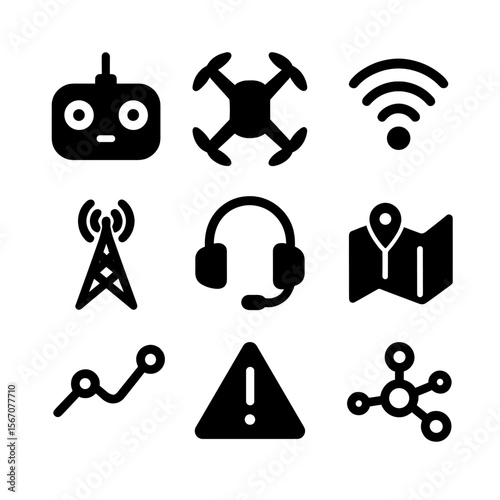 Drone Control Icons. Solid, filled icon set of remote drone control: controller pad, drone silhouette, radio waves, antenna tower,