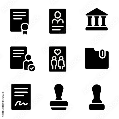 Family Law Icons. Solid, filled icon set of legal documents in family law: contract, affidavit, court summons, power of attorney,