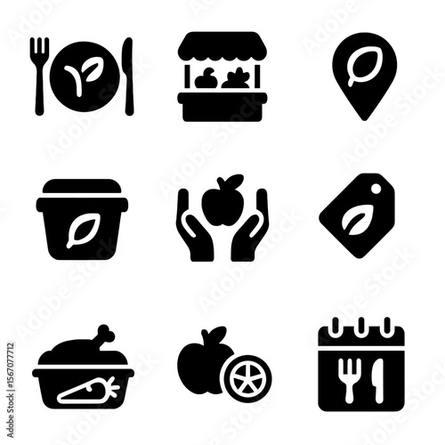 Sustainable Food Icons. Solid, filled icon set of sustainable food: plant-based meal, farmers market, local produce, reusable