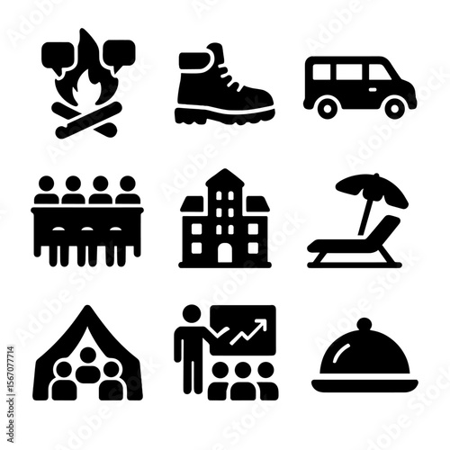 Corporate Retreat Icons. Solid, filled icons set of corporate retreat elements: campfire chat, hiking boots,