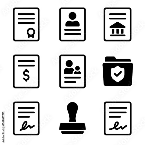 Family Law Icons. Solid, filled icon set of legal documents in family law: contract, affidavit, court summons, power of attorney,