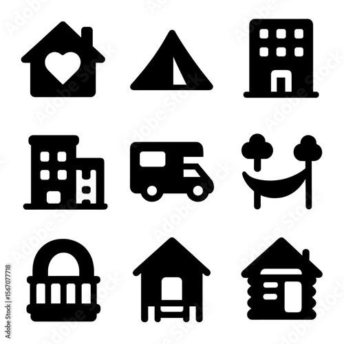 Digital Nomad Housing Icons. Solid, filled icon set of digital nomad housing: Airbnb house, tent, hotel building, hostel, camper
