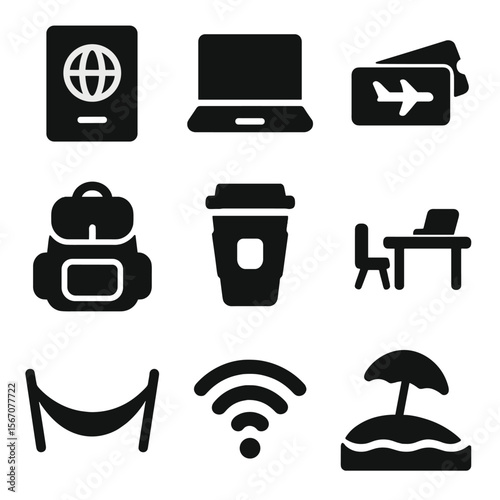 Digital Nomad Icons. Solid, filled icon set of digital nomad trends: passport, laptop, plane ticket, backpack, coffee cup,