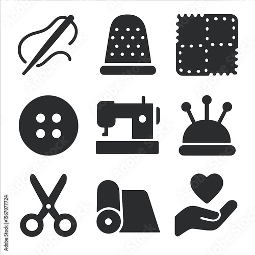 Sewing Tools Icons. Solid, filled icons set of sewing and mending: needle and thread, thimble, patchwork,