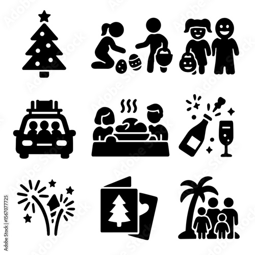 Family Holiday Icons. Solid, filled icon set of family holidays: Christmas tree, Easter egg hunt, Halloween costumes, family road