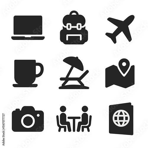 Digital Nomad Essentials. Solid, filled icon set of work and digital nomad lifestyle ideas: laptop, backpack, airplane, coffee cup