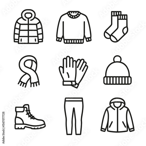 Winter Wardrobe Icons. Outline icon set of winter wardrobe preparation: insulated coat, wool sweater, thermal socks, knitted scarf