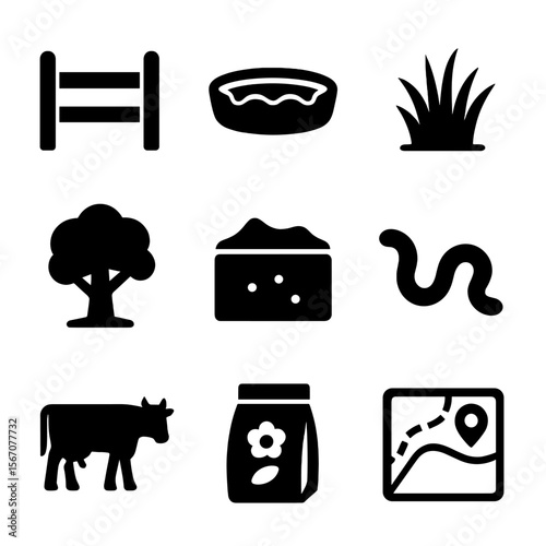 Sustainable Pasture Icons. Solid, filled icon set of sustainable pasture management: fencing, watering hole, grass patch, shade