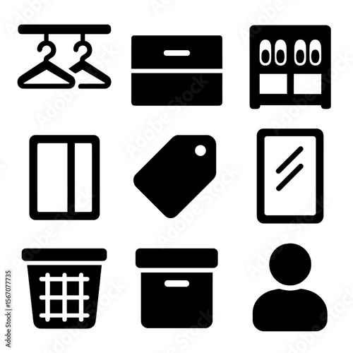 Shared Closet Icons. Solid, filled icons set of designing a closet for multiple users with shared storage