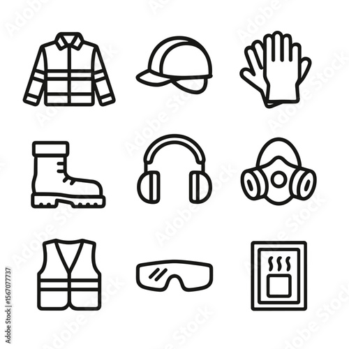Worker Safety Icons. Outline icon set of worker safety and protective gear: high-visibility jacket, hard hat, insulated gloves,