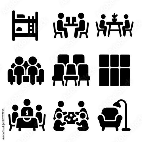Shared Spaces Icons. Solid, filled icons set of shared spaces and co-living: bunk bed, shared desk, communal