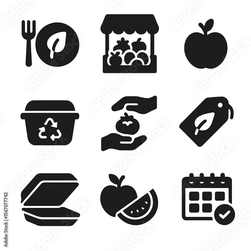 Sustainable Food Icons. Solid, filled icon set of sustainable food: plant-based meal, farmers market, local produce, reusable