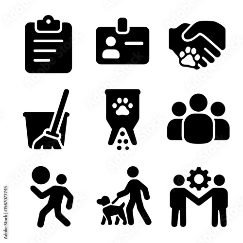 Shelter Volunteer Icons. Solid, filled icons set of shelter volunteer roles: clipboard, name tag, paw