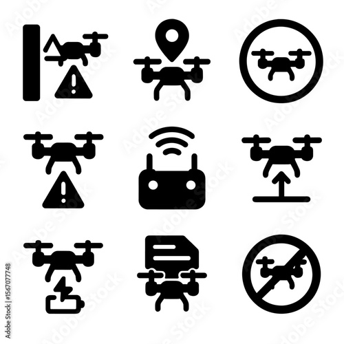 Drone Safety Icons. Solid, filled icon set of drone safety features: obstacle avoidance, GPS tracking, geofencing, emergency