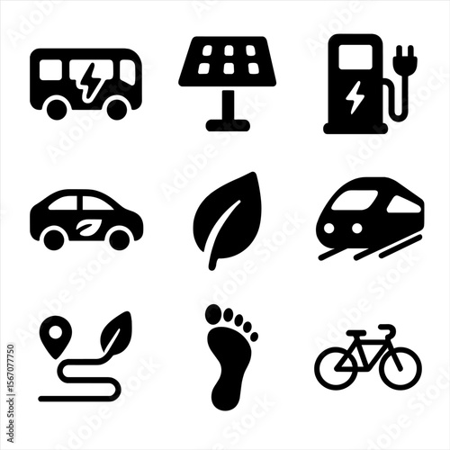 Sustainable Transport Icons. Solid, filled icon set of sustainable transport solutions: electric bus, solar panel roof, charging