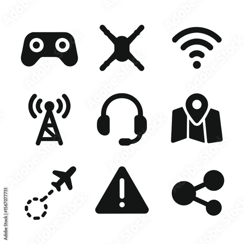 Drone Control Icons. Solid, filled icon set of remote drone control: controller pad, drone silhouette, radio waves, antenna tower,