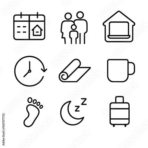 Work-Life Balance Icons. Outline icon set of work-life balance initiatives: split calendar work and home, family time silhouette,