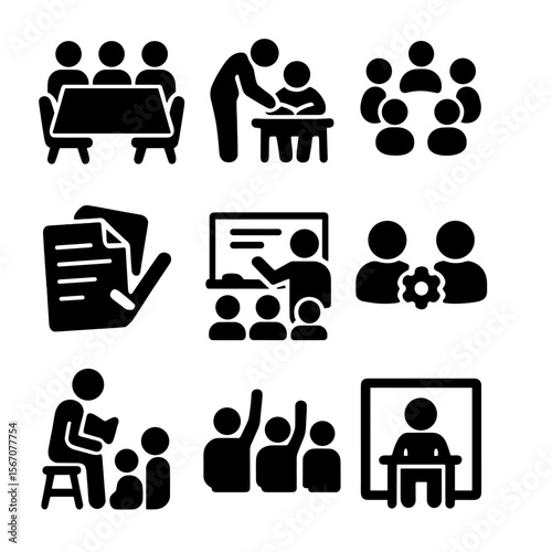 Small Group Instruction Icons. Solid, filled icons set of small group instruction: table group, teacher assist