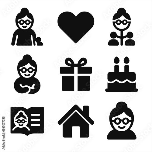 Family Love Icons. Solid, filled icon set of grandmother and family: grandchild holding hand, heart symbol, family tree, hug
