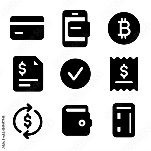 Digital Payment Icons. Solid, filled icon set of digital payment and transactions: credit card, mobile pay, cryptocurrency coin,